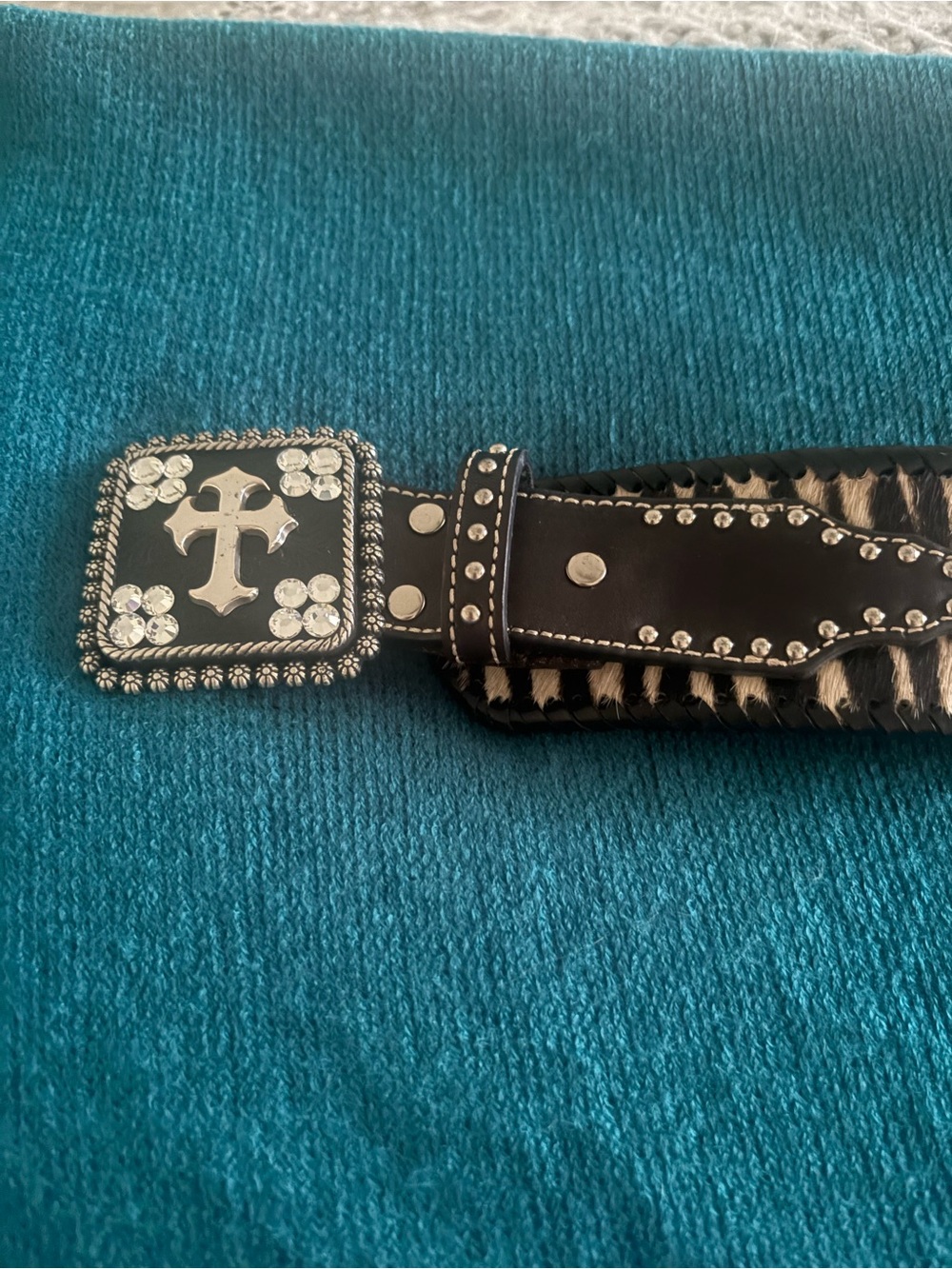 Black Studded Belt with Rhinestone Cross Buckle